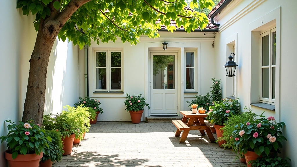 Šviesus kiemys su baltomis sienomis, žaliomis augalų dėžėmis ir poilsio suolu šešėlyje