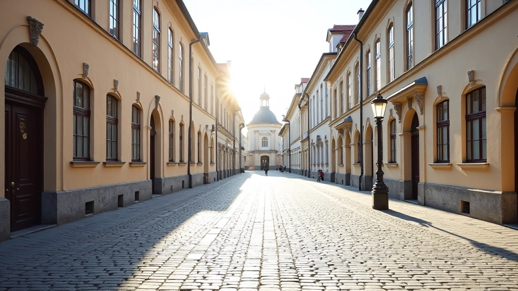 Senamiesčio aikštė su grįstu paviršiumi, apsupta klasicistinės architektūros pastatų