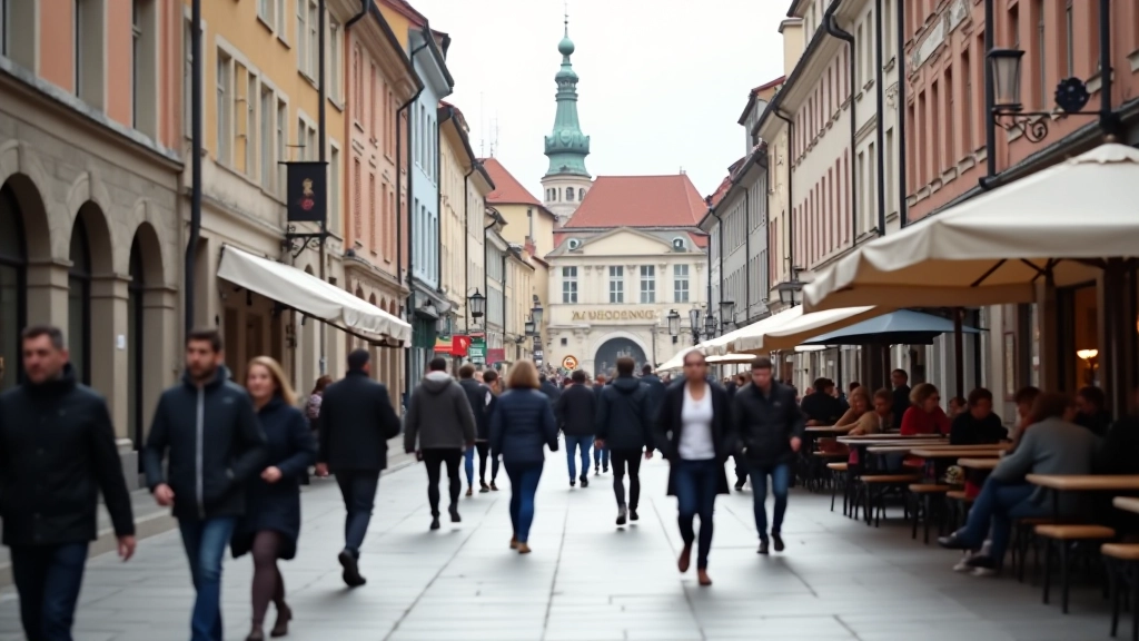 Šiuolaikinė Rotušės aikštės nuotrauka su žmonėmis, ėdinimo kavinės ir šiuolaikinės kasdienės veiklos
