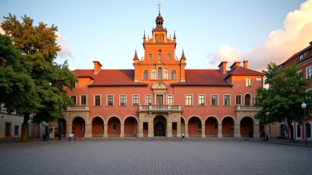 Kauno Rotušė aikštės centre su vakarinės saulės šviesa, raudoni pastatai