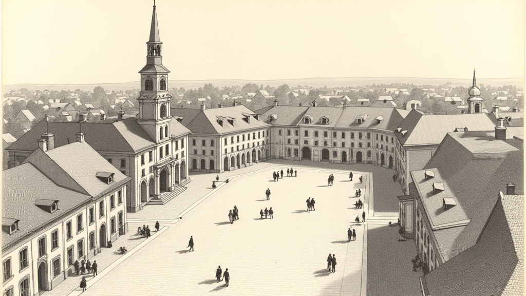 Istorinis piešinys su senamiesčio aikštės vaizdą iš paukščio perspektyvos
